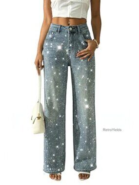 Rhinestone High Waist Wide Leg Jeans Sequin Sparkle Party Denim Pants